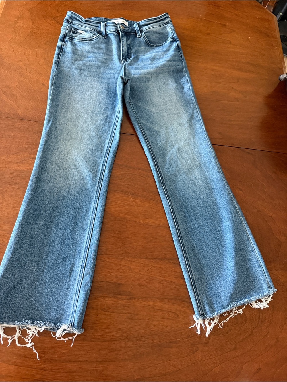 Flying Monkey Women's Light Blue Flared Jeans with Raw Hem size 28